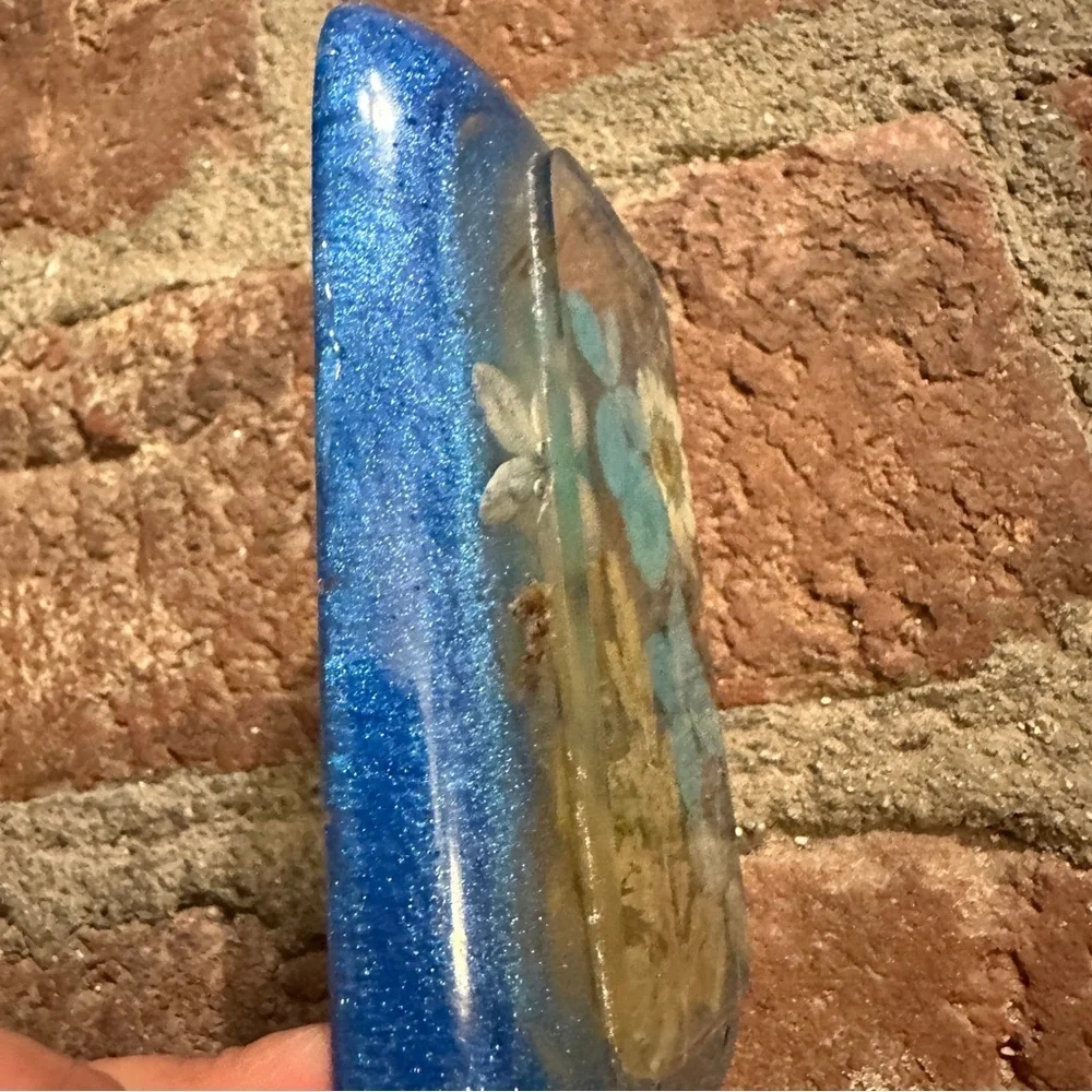 Vintage Blue Glittery Floral Dried Flowers Resin Lucite Soap Dish Trinket Decor
